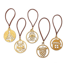 Load image into Gallery viewer, Set of 5 Handcrafted Gold-Toned Holiday Ornaments from Bali - Magical Celebration | NOVICA
