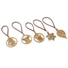 Load image into Gallery viewer, Handcrafted Gold-Toned Christmas Ornaments (Set of 5) - Merry Magic | NOVICA
