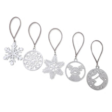 Load image into Gallery viewer, Set of 5 Handmade Silver-Toned Holiday Ornaments - Merry Eve | NOVICA
