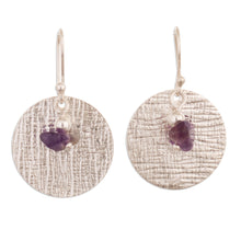 Load image into Gallery viewer, Textured Sterling Silver Dangle Earrings with Amethyst Stone - Mysterious Reflections | NOVICA
