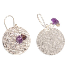 Load image into Gallery viewer, Textured Sterling Silver Dangle Earrings with Amethyst Stone - Mysterious Reflections | NOVICA
