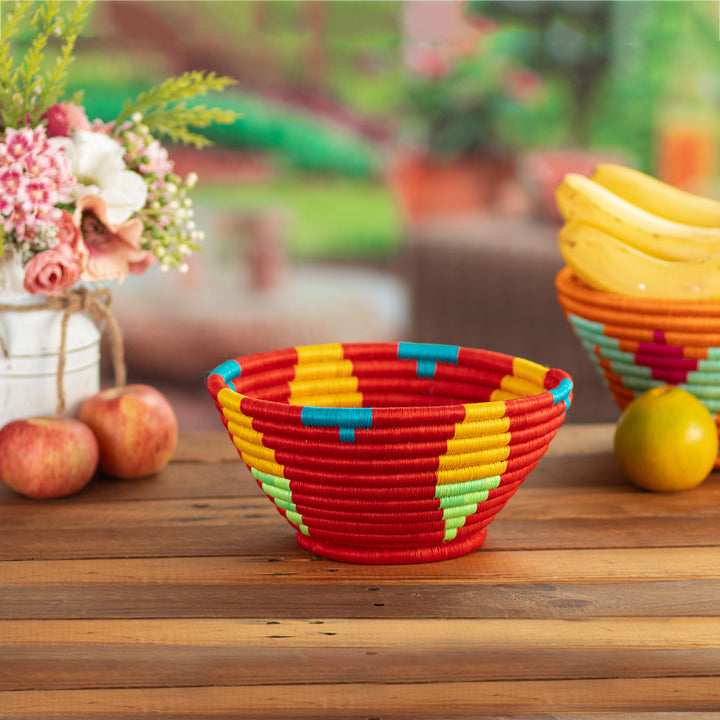 Red Natural Fiber Decorative Bowl with Geometric Motifs - Guacamayas Summer | NOVICA