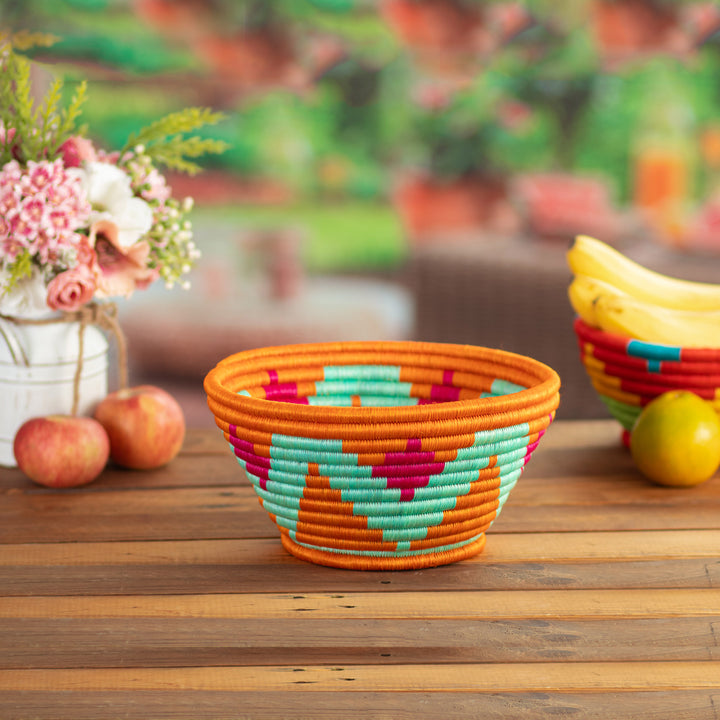 Handcrafted Natural Fiber Decorative Guacamayas Bowl - Vivid Sunrays | NOVICA