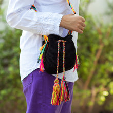 Load image into Gallery viewer, Black Crocheted Sling Bag with Multicolored Accents - Wayuu Glam | NOVICA
