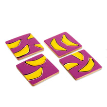 Load image into Gallery viewer, 4 Banana-Themed Wood Coasters Hand-Painted in Colombia - Happy Bananas | NOVICA
