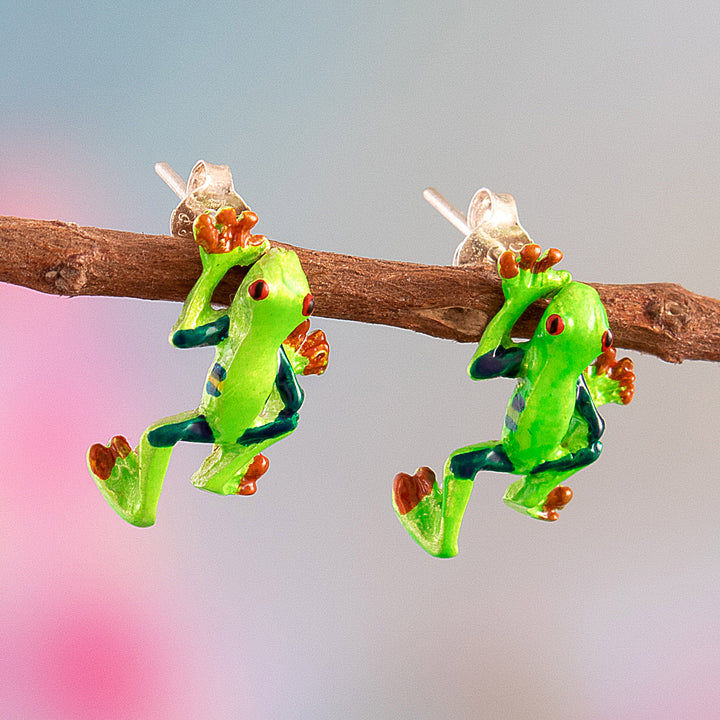 Painted Frog-Themed Sterling Silver Button Earrings - Tree Frog | NOVICA