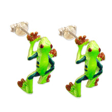 Load image into Gallery viewer, Painted Frog-Themed Sterling Silver Button Earrings - Tree Frog | NOVICA
