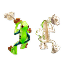 Load image into Gallery viewer, Painted Frog-Themed Sterling Silver Button Earrings - Tree Frog | NOVICA
