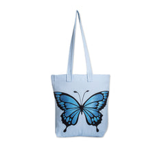Load image into Gallery viewer, Hand-Painted Butterfly-Themed Polyester Tote Bag in Blue - Winter Wings | NOVICA
