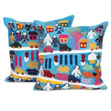 Load image into Gallery viewer, 2 Cotton Cushion Covers with Hand Embroidery and Patchwork - City Life | NOVICA
