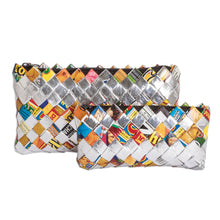 Load image into Gallery viewer, Set of 2 Colorful Recycled Metalized Wrapper Cosmetic Bags - Sparkling Party | NOVICA
