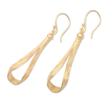 Load image into Gallery viewer, Modern 18k Gold-Plated Brass Dangle Earrings Crafted in Bali - Ligneous Glamour | NOVICA
