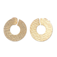 Load image into Gallery viewer, Round Hammered 18k Gold-Plated Brass Button Earrings - Golden Donut Dame | NOVICA
