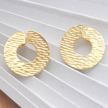 Load image into Gallery viewer, Round Hammered 18k Gold-Plated Brass Button Earrings - Golden Donut Dame | NOVICA
