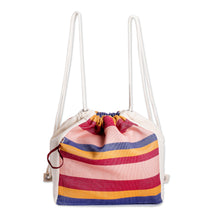 Load image into Gallery viewer, Foldable Cotton Drawstring Backpack with Colorful Stripes - Springtime | NOVICA
