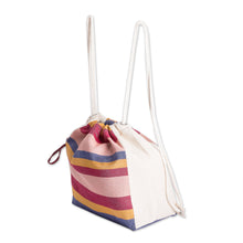 Load image into Gallery viewer, Foldable Cotton Drawstring Backpack with Colorful Stripes - Springtime | NOVICA
