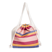 Load image into Gallery viewer, Foldable Cotton Drawstring Backpack with Colorful Stripes - Springtime | NOVICA
