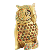 Load image into Gallery viewer, Traditional Jali Kadam Wood Magnet of a Golden Owl - Majestic Sage | NOVICA
