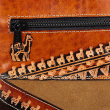 Load image into Gallery viewer, Handcrafted Leather-Accented Suede Sling with Llama Motifs - Andean Procession | NOVICA
