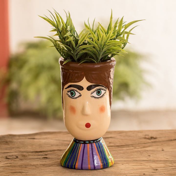 Hand-Painted Striped Ceramic Flower Pot from Guatemala - San Felipe's Giant | NOVICA