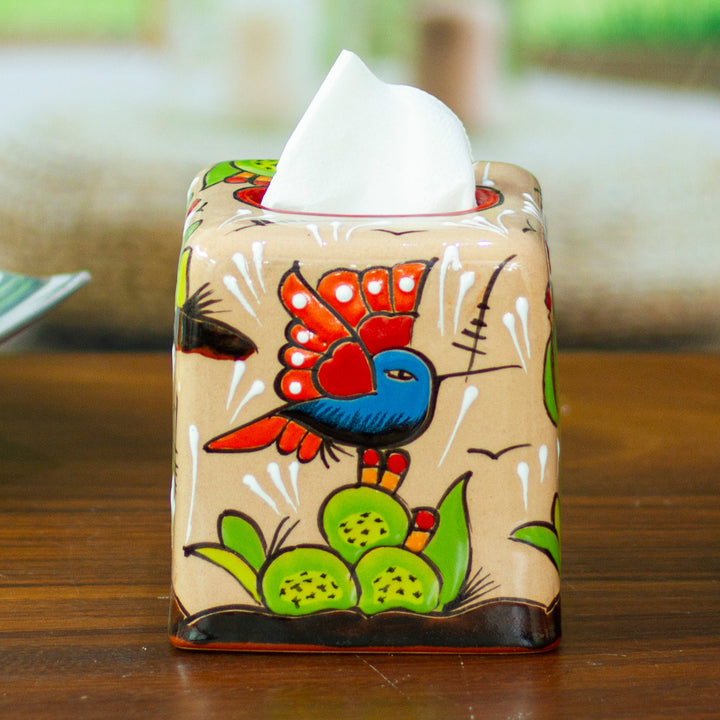 Cactus-Themed Handcrafted Talavera Ceramic Tissue Box Cover - Cactus Convenience | NOVICA