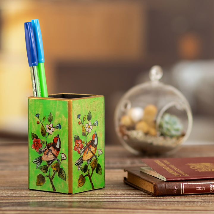 Bird-Themed Reverse-Painted Wood Pen Holder in Green - Spring Prairies | NOVICA