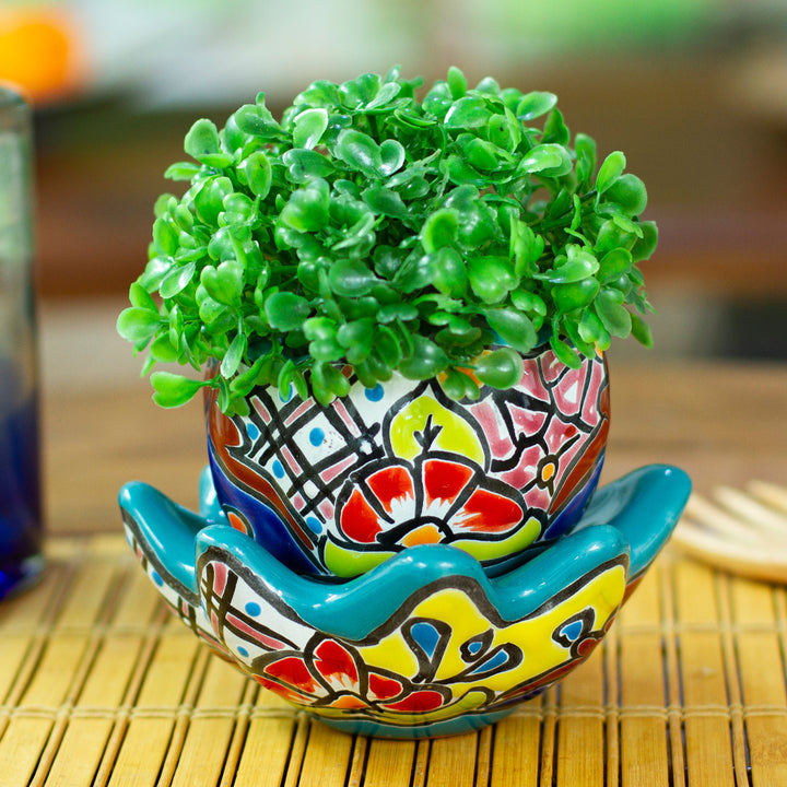 Handcrafted Floral Ceramic Pot with Saucer in a Teal Hue - Talavera Eden in Teal | NOVICA