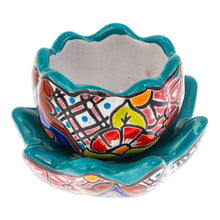 Load image into Gallery viewer, Handcrafted Floral Ceramic Pot with Saucer in a Teal Hue - Talavera Eden in Teal | NOVICA
