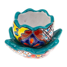 Load image into Gallery viewer, Handcrafted Floral Ceramic Pot with Saucer in a Teal Hue - Talavera Eden in Teal | NOVICA
