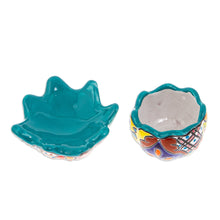Load image into Gallery viewer, Handcrafted Floral Ceramic Pot with Saucer in a Teal Hue - Talavera Eden in Teal | NOVICA
