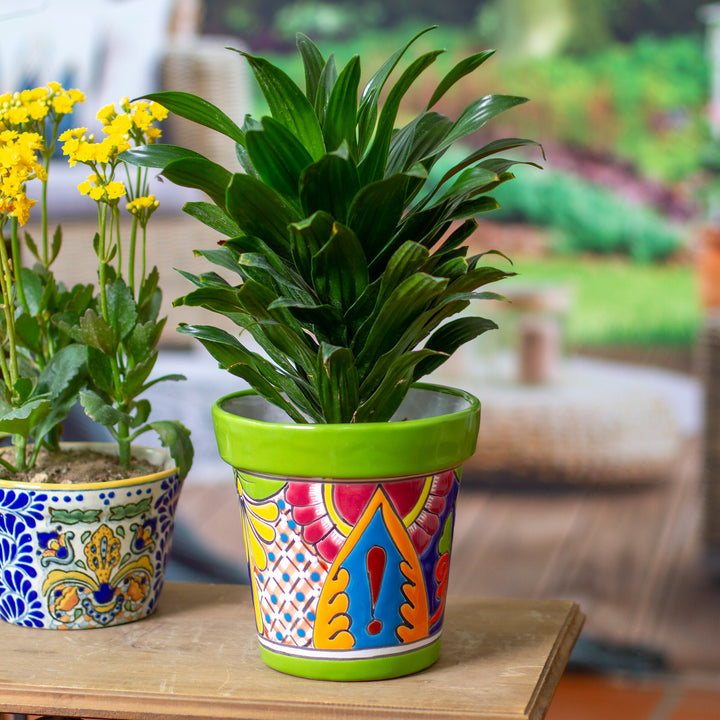 Talavera Kiwi Ceramic Flower Pot with Hacienda-Themed Motifs - Kiwi Elysium | NOVICA