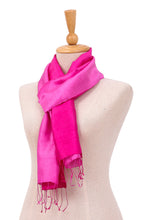 Load image into Gallery viewer, Sugar Plum and Magenta Silk Wrap Scarf with Fringes - Plum Encounter | NOVICA
