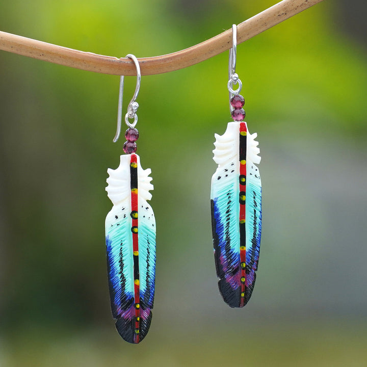 Handcrafted Blue Feather Dangle Earrings with Garnet Beads - Intuition Feathers | NOVICA