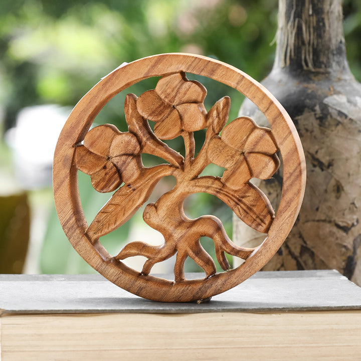 Hand-Carved Frangipani-Themed Suar Wood Relief Panel - Little Frangipani | NOVICA