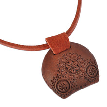 Load image into Gallery viewer, Leather Choker Necklace with Wooden Armenian Pendant - Armenian Daisy | NOVICA
