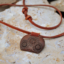 Load image into Gallery viewer, Leather Choker Necklace with Wooden Armenian Pendant - Armenian Daisy | NOVICA
