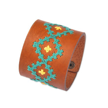 Load image into Gallery viewer, Leather Wristband Bracelet with Turquoise Cross-Stitch Motif - Marash Radiant Waves | NOVICA
