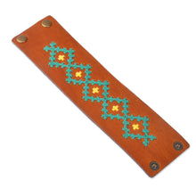 Load image into Gallery viewer, Leather Wristband Bracelet with Turquoise Cross-Stitch Motif - Marash Radiant Waves | NOVICA
