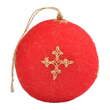 Load image into Gallery viewer, Handcrafted Embroidered Wool Egg Ornament in Red and Golden - Marash&#39;s Fruit | NOVICA
