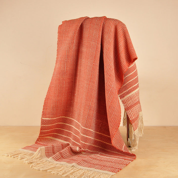 Hand-Woven Striped Wool Throw in Salmon & Ivory from Armenia - Cozy Salmon | NOVICA