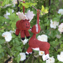 Load image into Gallery viewer, Set of 2 Deer and Moose Acrylic Ornaments Crocheted by Hand - Holidays from the Conifers | NOVICA
