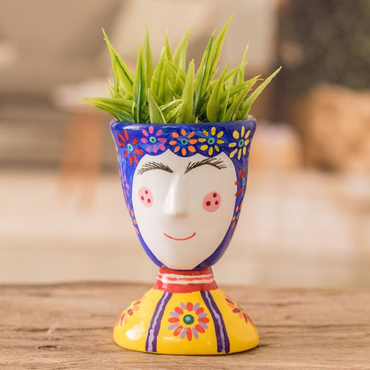 Painted Floral Blue and Yellow Ceramic Flower Pot (Small) - Flourishing Joy | NOVICA