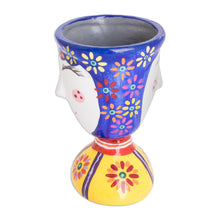 Load image into Gallery viewer, Painted Floral Blue and Yellow Ceramic Flower Pot (Small) - Flourishing Joy | NOVICA
