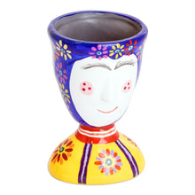Load image into Gallery viewer, Painted Floral Blue and Yellow Ceramic Flower Pot (Small) - Flourishing Joy | NOVICA
