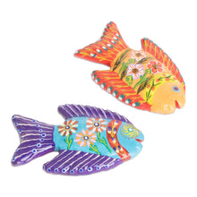 Load image into Gallery viewer, Set of 4 Fish-Themed Hand-Painted Colorful Ceramic Magnets - Marine Festival | NOVICA
