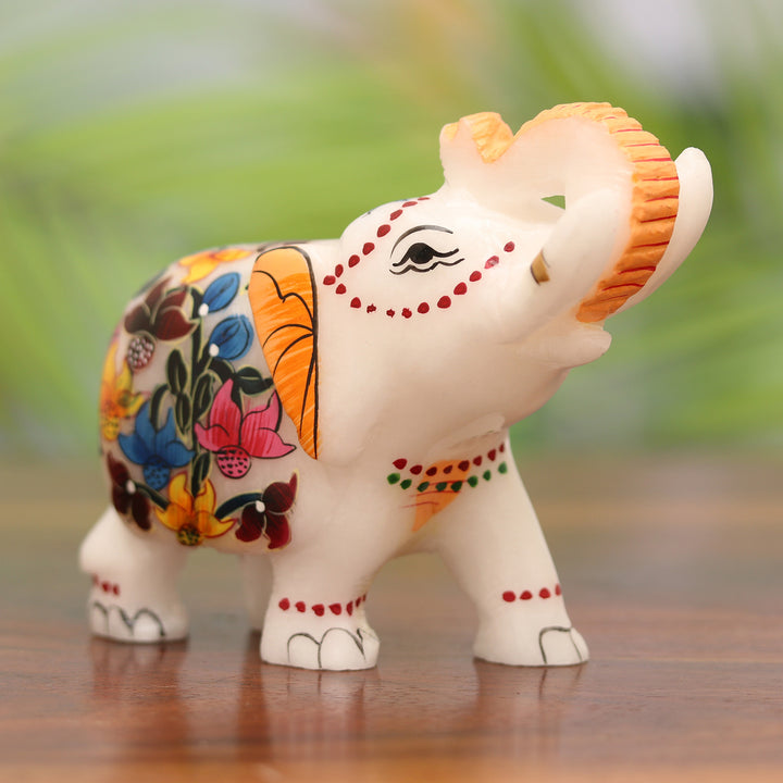 Hand-Painted Floral Soapstone Elephant Figurine from India - Good Fortune | NOVICA