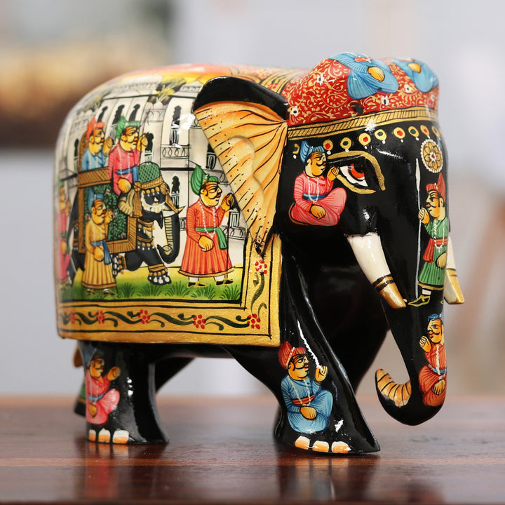 Hand-Painted Traditional Black Elephant Sculpture from India - King's Procession | NOVICA