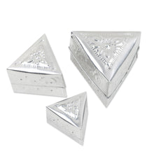 Load image into Gallery viewer, Set of 3 Repousse Triangular Aluminum Decorative Boxes - Triangular Palace | NOVICA
