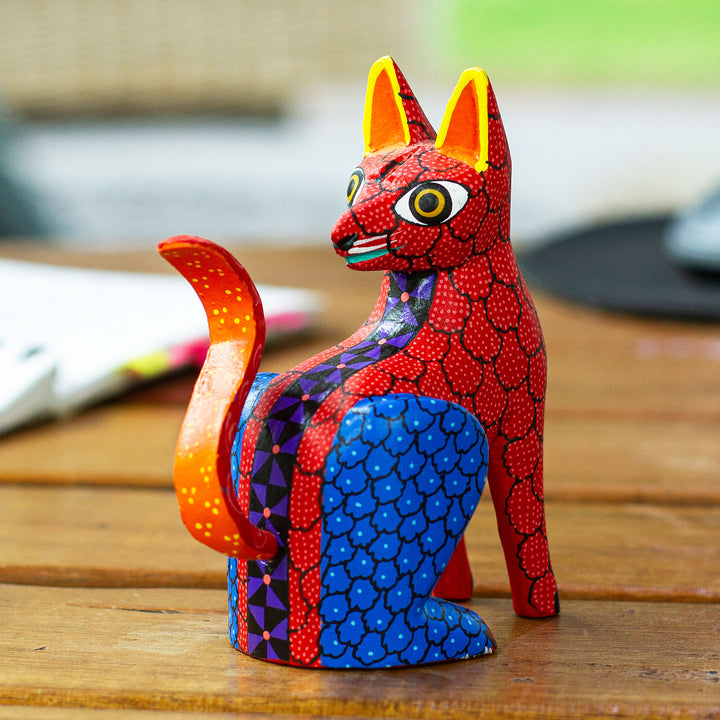 Hand-Carved and Hand-Painted Wood Fox Alebrije Figurine - Colorful Fox | NOVICA