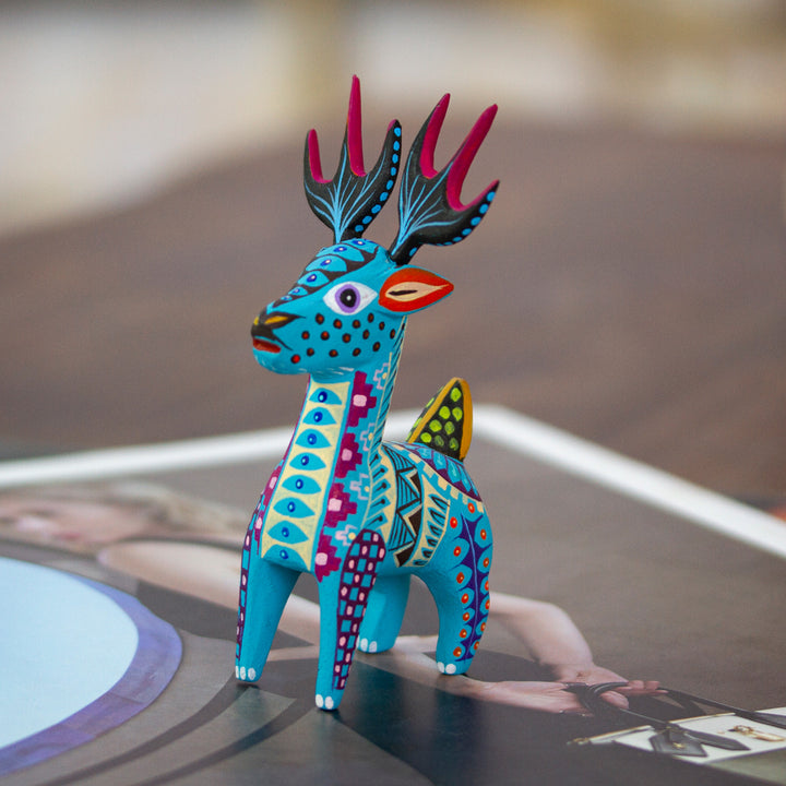 Copal Wood Alebrije Deer Figurine Painted in Turquoise Hues - Charming Turquoise Deer | NOVICA